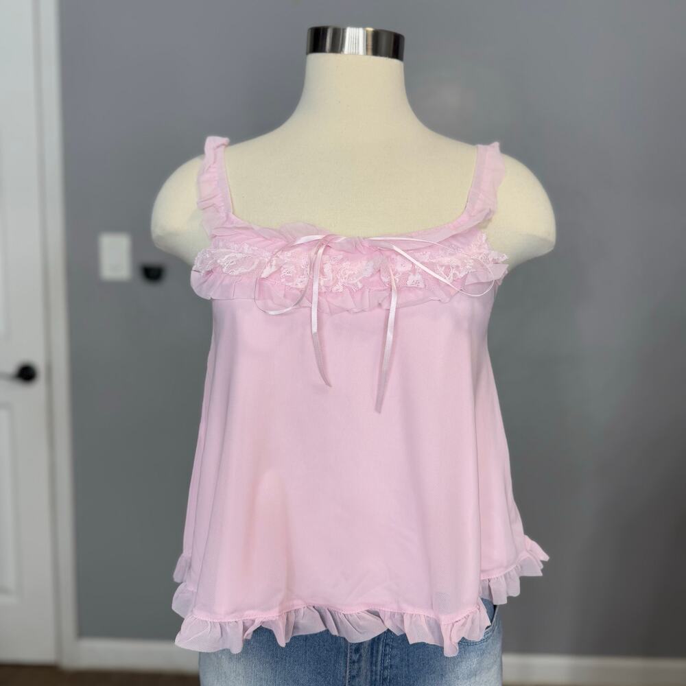 Edikted Ruffle Mesh Babydoll Tank Top, Pink, XS